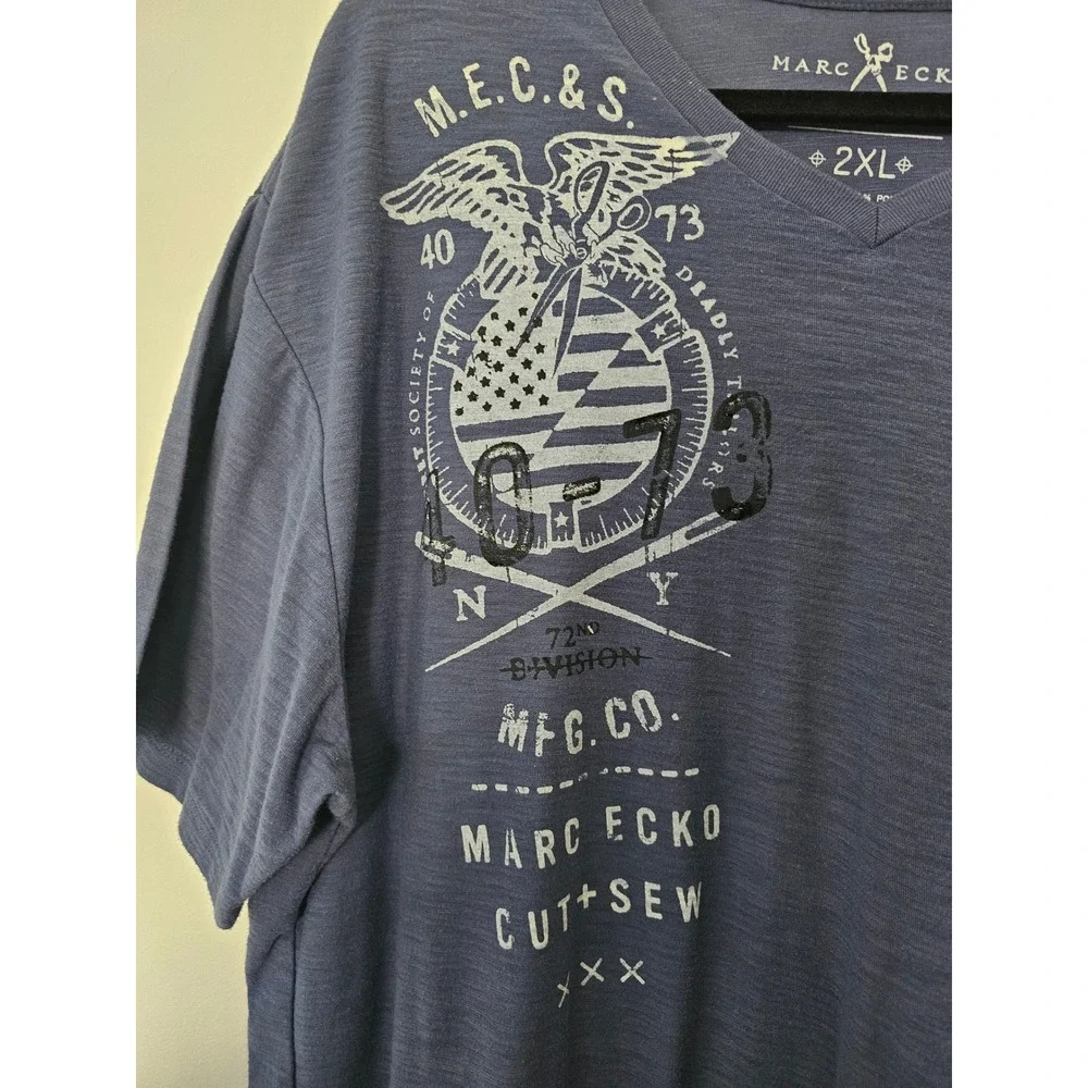 Urban Marc Ecko Cut & Sew Graphic T-Shirt Mens 2XL Blue V-Neck Slub Knit Eagle‎